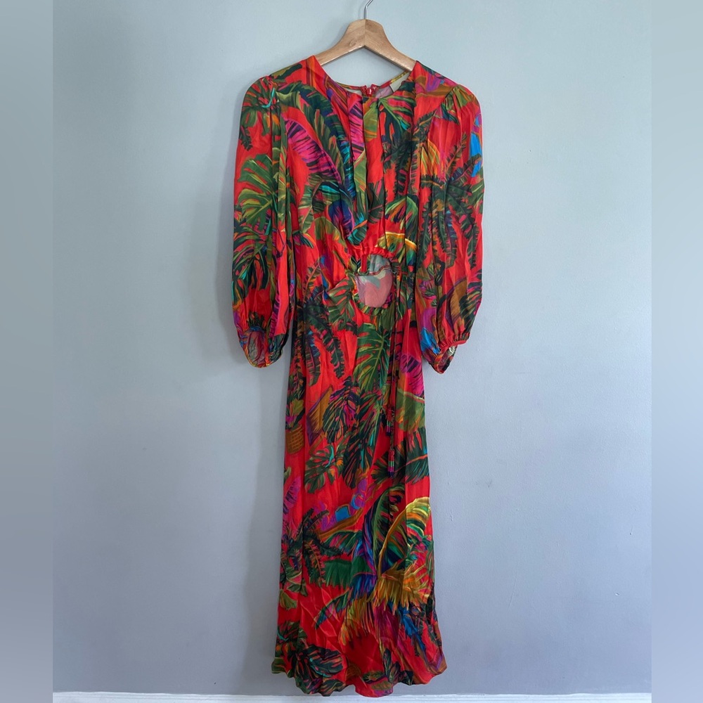 Farm Rio Women's Red Fern Floral Print Maxi Dress Cutout Size XS
